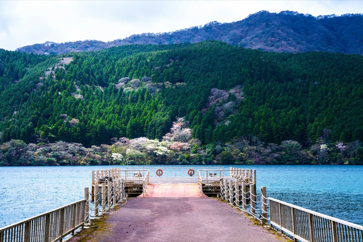 A pier on Lake Ashi with forested hills and pink cherry blossoms along the shore in spring