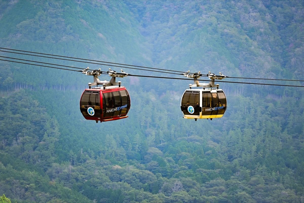 Two Hakone Ropeway gondolas, one red and one black, crossing above forested mountain slopes