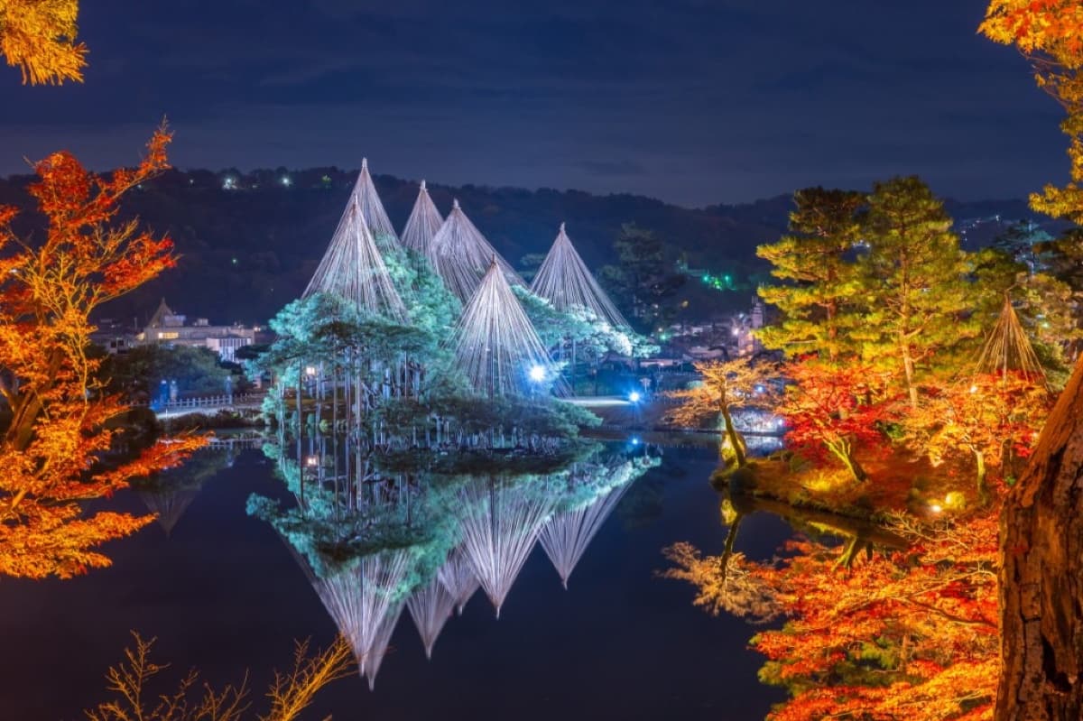 Illuminated yukitsuri rope structures on pine trees reflected in a pond at Kenrokuen Garden, Kanazawa, during autumn
