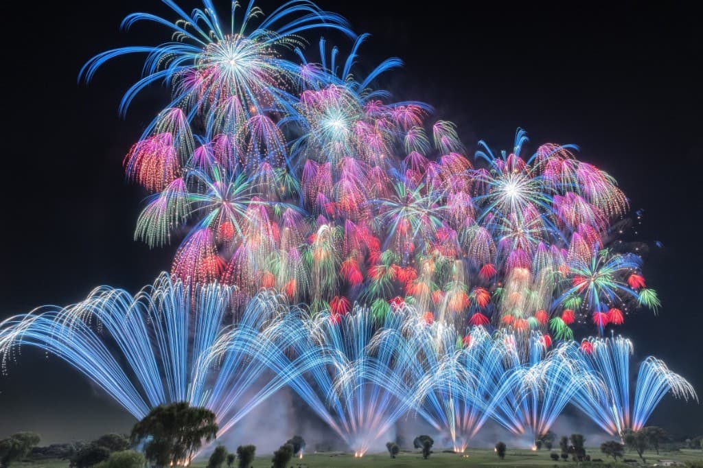 Wide curtain of blue and pink fireworks over an open field at the Koga fireworks festival