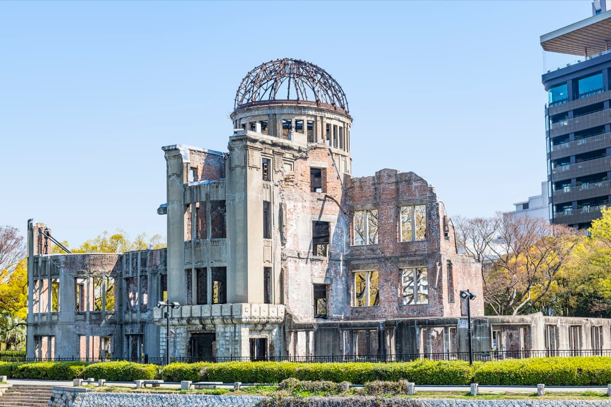 The skeletal dome of the Atomic Bomb Dome in Hiroshima under a clear sky