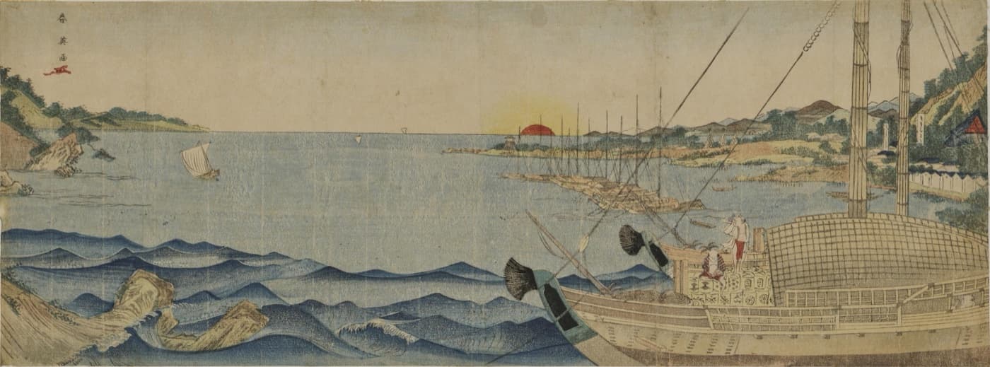 Edo-period woodblock print of the first sunrise of the New Year over the sea, with a sake cargo ship and a red sun rising on the horizon