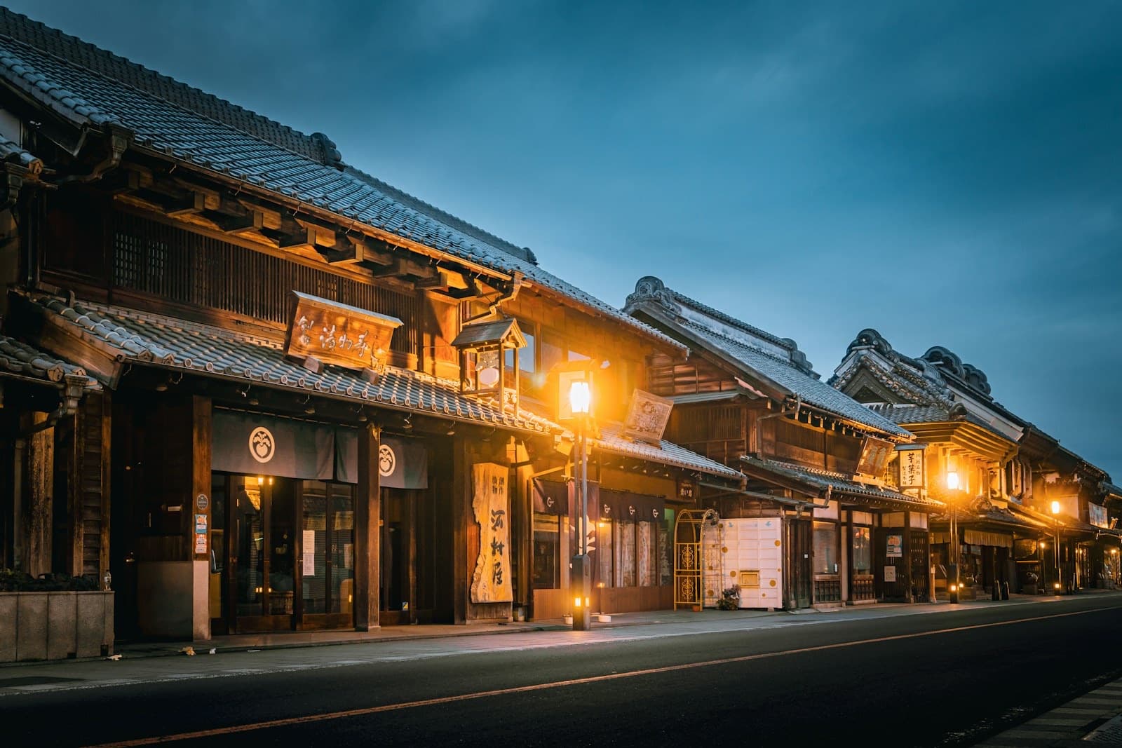 Kawagoe's Kurazukuri warehouse street at dusk — the preserved clay-walled merchant houses of the Little Edo townscape