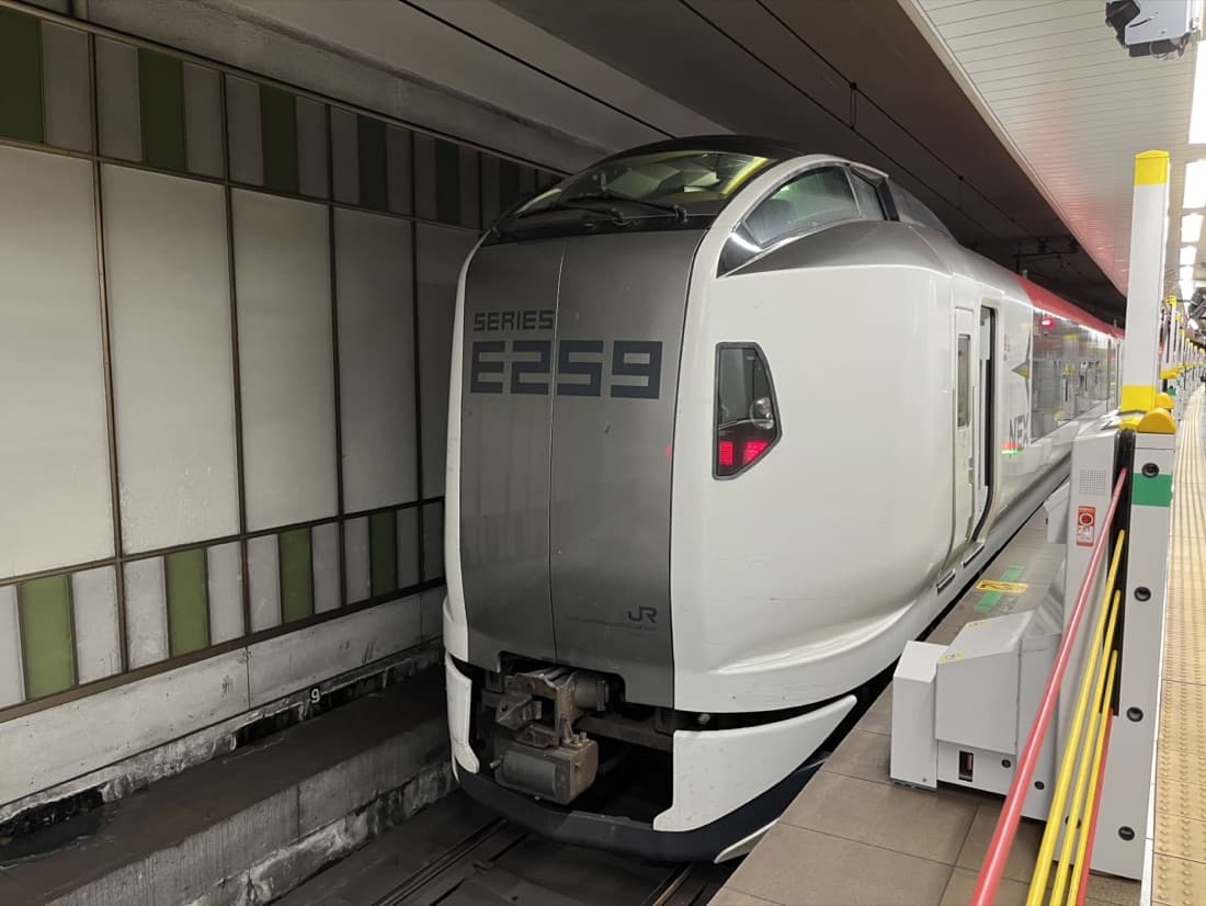A white Narita Express E259 series train waiting at an underground platform at Narita Airport