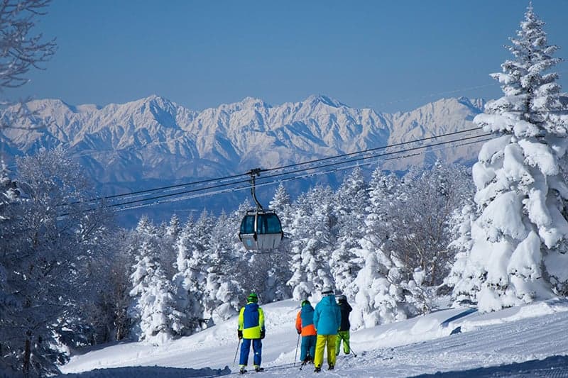 A gondola cabin above frost-covered trees at Shiga Kogen, with skiers below and the snow-covered Northern Alps on the horizon