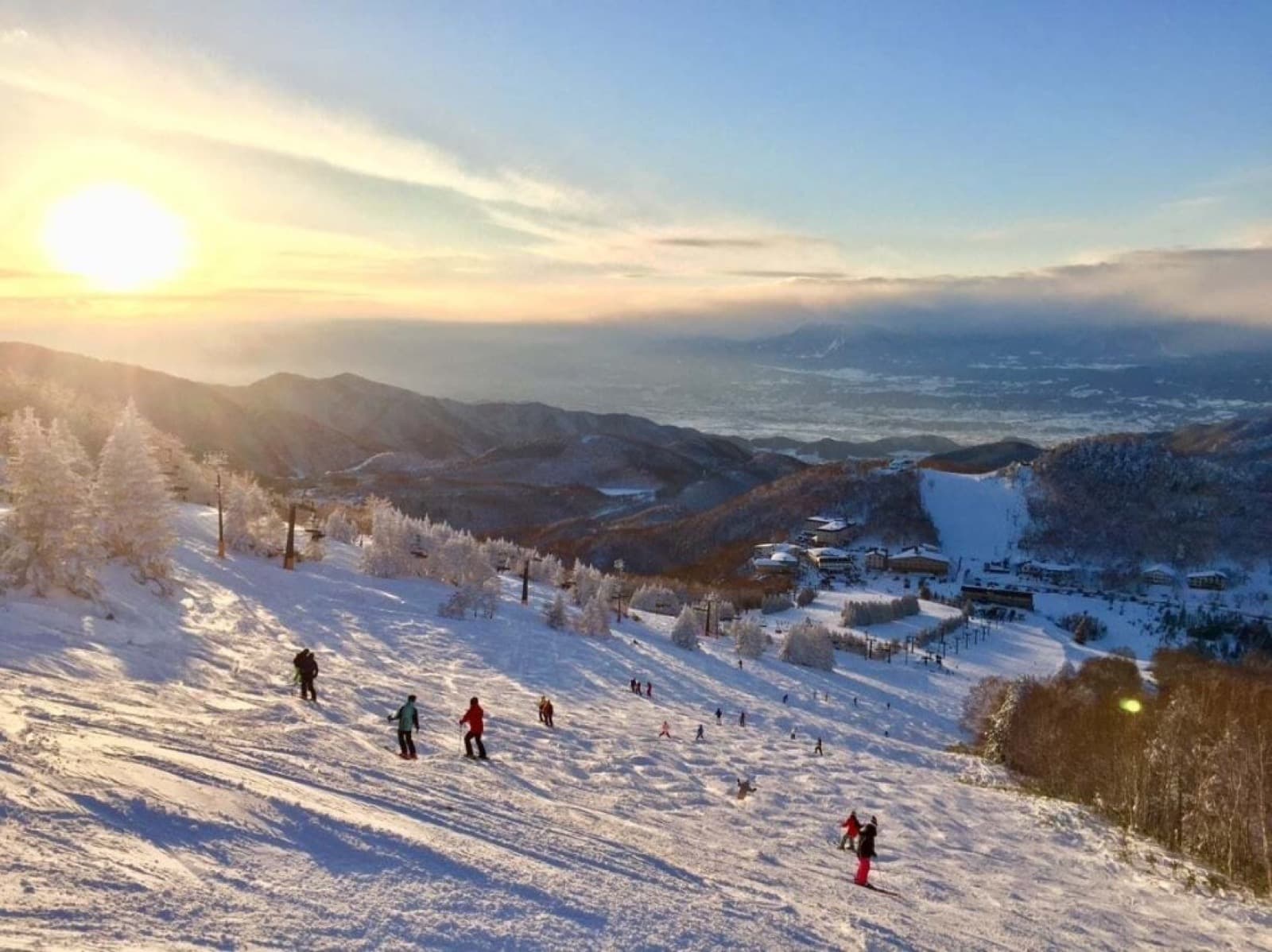 Skiers on a groomed slope at a Japanese ski resort at sunset with rime-ice trees and mountains in the background