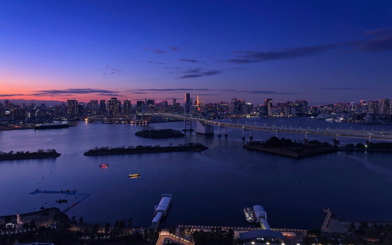 Tokyo Bay at dusk with the Rainbow Bridge and the city skyline