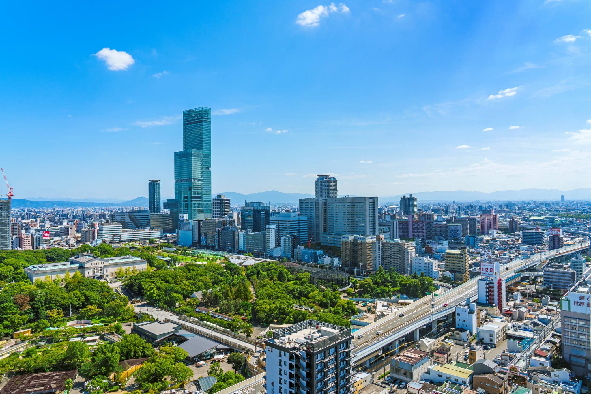 Aerial view of Tennoji Park's green spaces with the Abeno Harukas tower and the city spreading behind